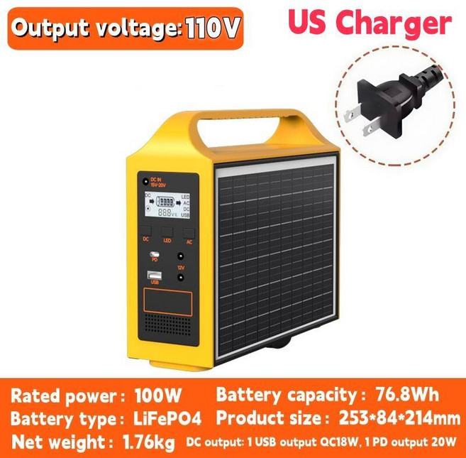 태양열 발전기 휴대용 캠핑 태양광 100W 발전소 220V 110V LiFePo4 배터리 태양 전지 패널 여행을위한 야외 전원 공급 장치, 옵션03) 110V US Charger