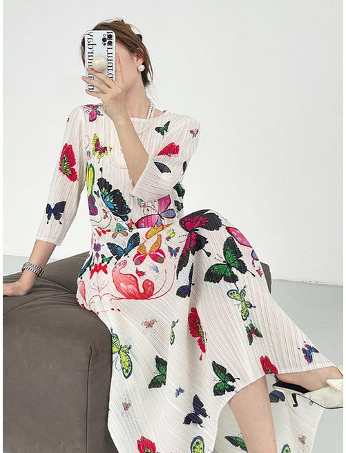 프린플리츠 가격추가인하 로시 버터플라이 7부 플리츠 원피스