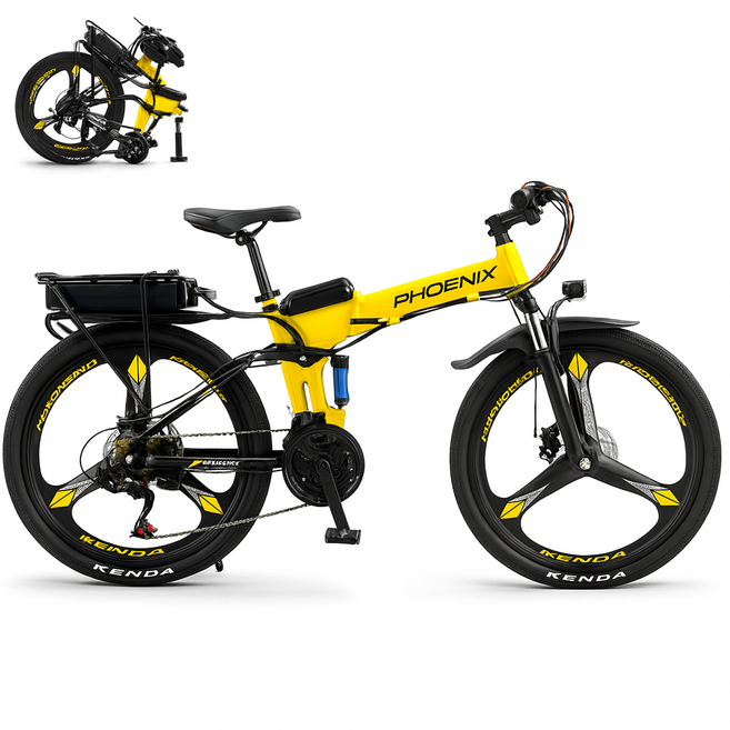 헨릭스 전기자전거 접이식 pas 출퇴근 배달 mtb 산악 로드 전동자전거 26인치 48V, Yellow, 하이텐강