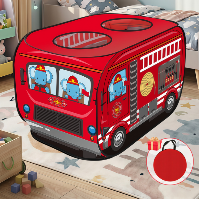 VELNIO 소방차 캐릭터 실내외 폴딩 자동 펼침 텐트 수납가방 포함, 1개, 레드