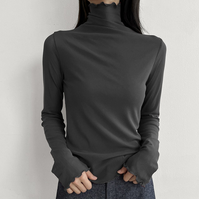 여리핏 보들 스판 슬림라인 두겹 시스루 롱슬리브 하이넥 물결폴라 목티