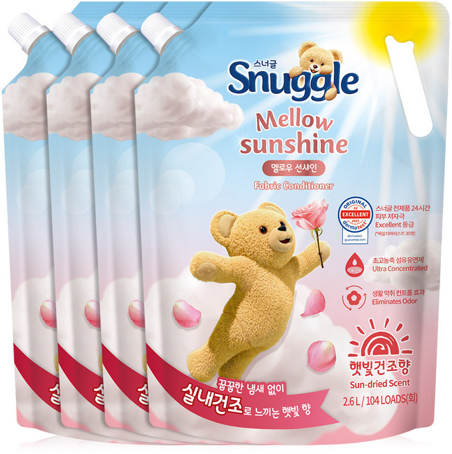 스너글 멜로우 선샤인 섬유유연제 햇빛건조향 리필, 2.6L, 4개