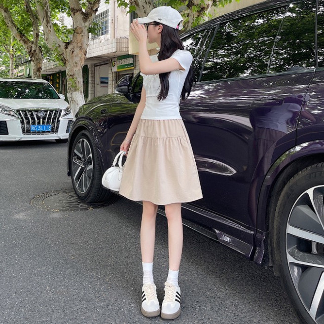 學院風韓版寬鬆純色半身裙女夏新款休閒高腰拼接百搭A字五分短裙