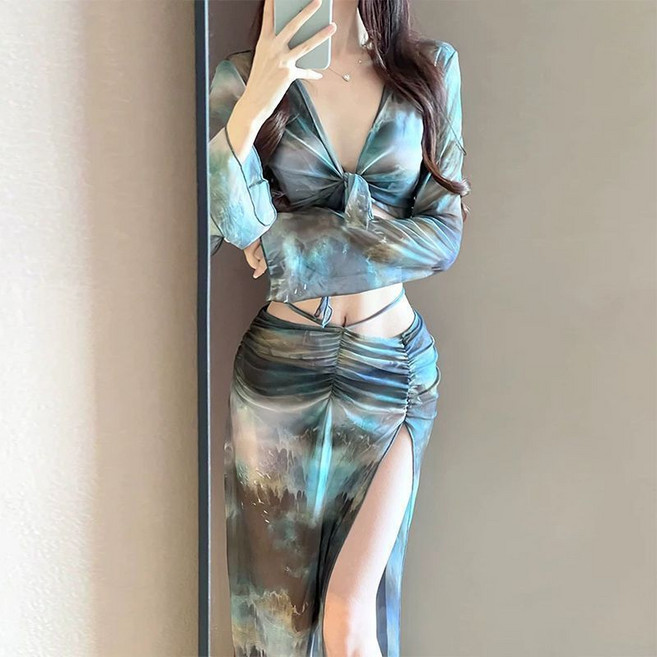 薄紗長袖性感比基尼四件套分體泳衣女, 1個, 扎染青黑色XL【建議105-120斤】