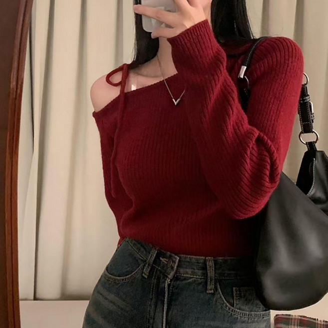 Ollimo 티셔츠 포인트 숄더 스윗 긴팔 여성 여리 오프 여름 꽈배기 여자 니트티 리본 니트 끈