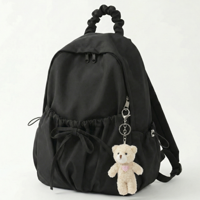 닷옴 여성 나일론 리본 셔링 발레코어 포켓 백팩 곰인형 키링 가벼운 가방