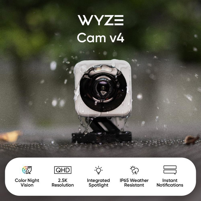 WYZE CAM V4 2K HD 와이파이 스마트 카메라 실내 실외용 애완 동물 모니터 활성화 스포트라이트 사이렌, G y, USB, 1개