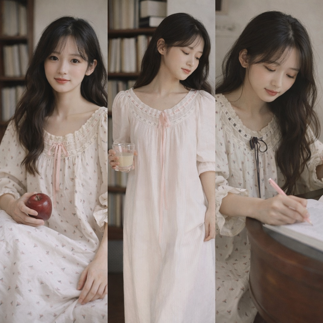 캡내장 순면 긴팔 롱 원피스 잠옷 홈웨어 공주 데일리