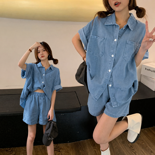 【梨卡】隔日到貨 女裝【套裝】牛仔 上衣 短褲 薄款牛仔 休閒套裝 襯衫套裝 夏季牛仔 寬鬆短褲HZ032