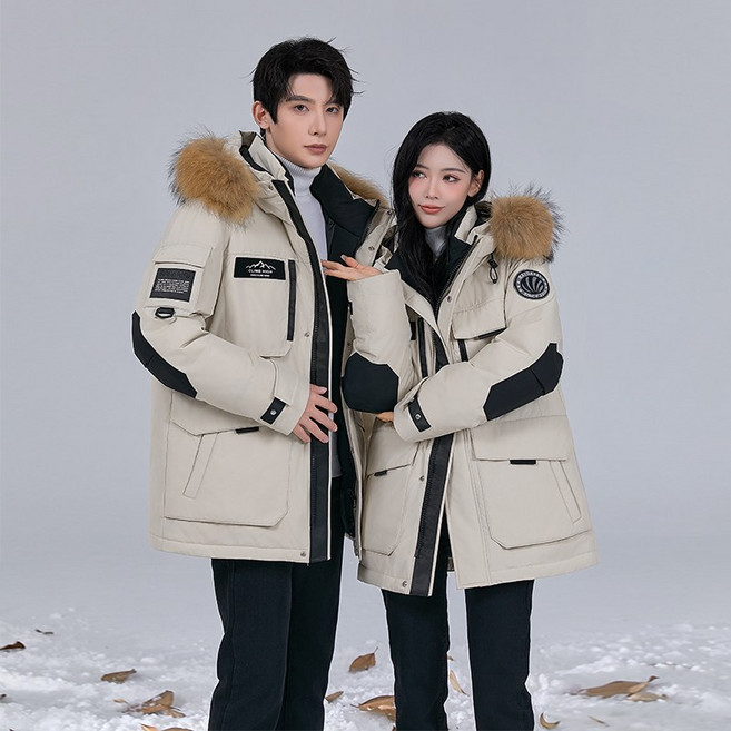 加厚青年白鴨絨中長款羽絨服 冬季情侶款毛領外套 男士潮流時尚長版大衣