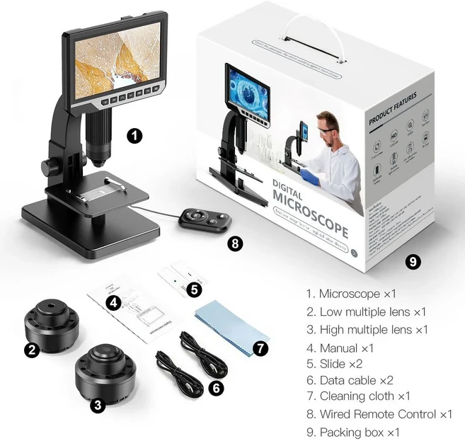 생물학적 현미경 듀얼 렌즈 2000X 7" 원격 제어로 납땜 연구용 IPS HD1080P 디지털 현미경, 01 With remote control