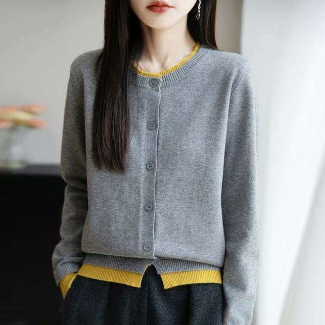 羊毛衫秋冬新款假兩件針織開衫外套 圓領寬鬆外穿毛衣女