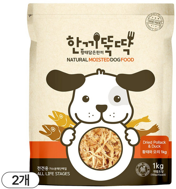 한끼뚝딱 전연령 강아지 황태담은 소프트사료, 황태+오리, 1kg, 2개
