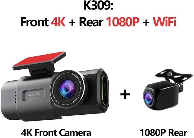 대시캠 4K 야간 시야 자동차 블랙박스 전후방 녹화 카메라 후진 DVR 비디오 레코더 WiFi 가능 GPS, 02 K309, 01 없음