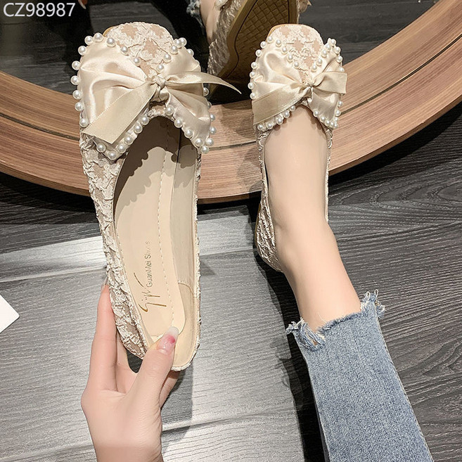 女單鞋 珍珠方頭軟底平底淺口豆豆鞋, 黑色,38