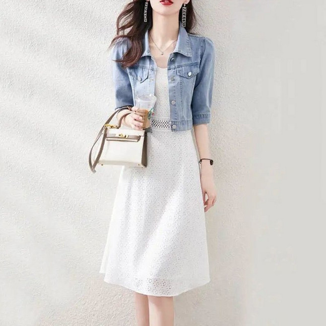 셀럽당 여성 여름 숏 데님 코트_멜빵스커트 패션 세트 K1312-KR