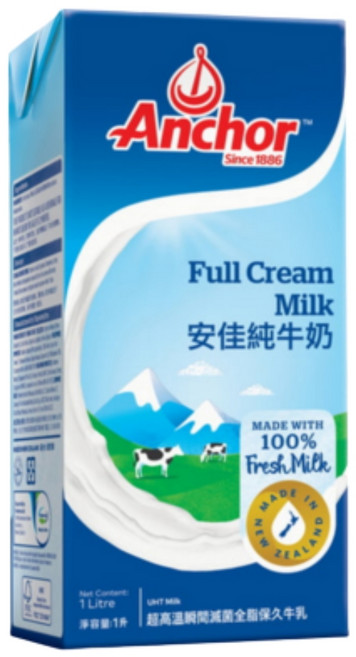 安佳 Anchor 全脂牛奶, 12個裝, 1L