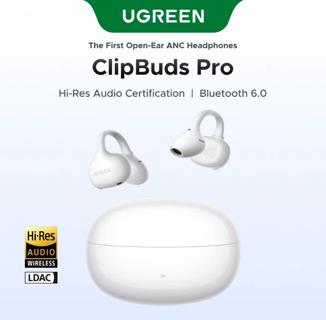 UGREEN ClipBuds 오픈 이어 무선 헤드폰 Bluetooth 이어폰 ANC 듀얼 피드백 능동형 소음 제거 32시간 재생, 01 빠른  Mainland, 01 White