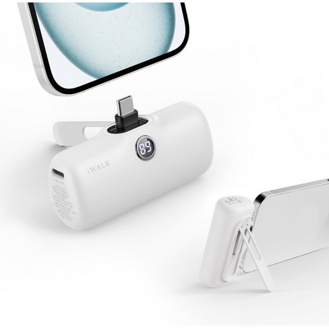 iWALK 直插式行動電源 BSMI認證 台灣公司貨 加長版 5代pro支架快充版- 白色, 5代pro支架快充版- 白色 ,iPhone款 i4~i14)+收納袋
