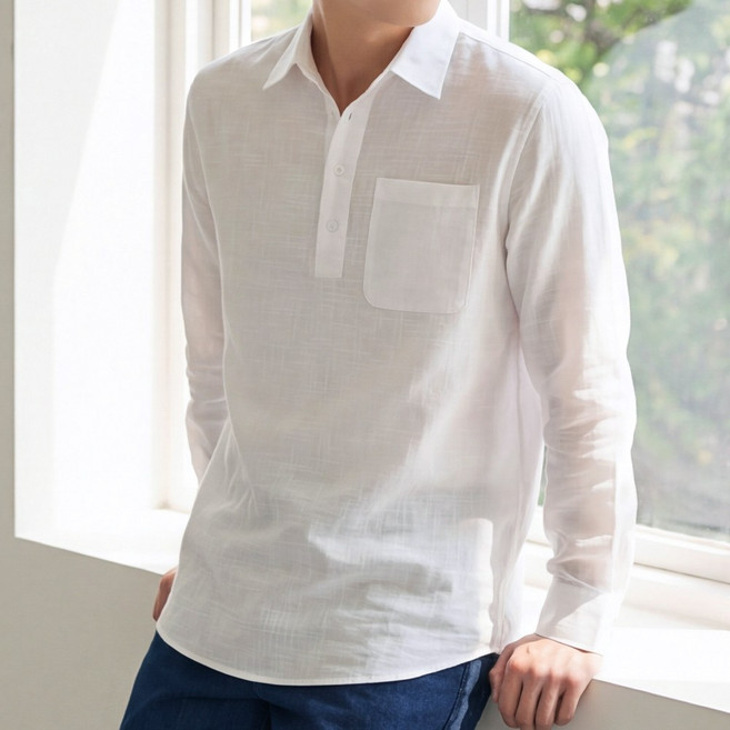 루크 남성 봄여름 레트로 린넨 카라 티셔츠 가볍고 시원한 긴팔 면마 셔츠 데일리 기본 베이직 반오픈 남방