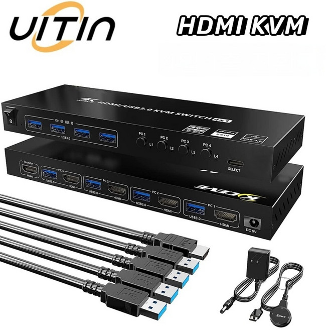 USB 3.0 HDMI KVM 4입 1출 스위처 허브 4K@60Hz 키보드/마우스/프린터용 4포트 EDID 기능 지원, 4입1출 KVM 스위처