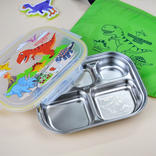 키친유 티라노 레이저 기본형 식판 도시락 가방세트 뚜껑포함 공룡 유아동 어린이 캐릭터 5구 식기세트, 1세트, 식판+뚜껑+실리콘패킹+가방, 화이트