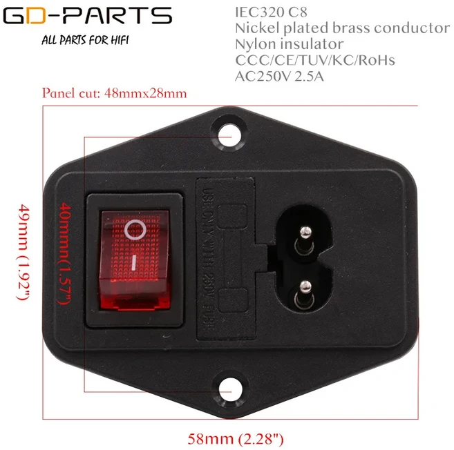 IEC320 C8 메인 AC 전원 소켓 전기 플러그 커넥터 소켓 ON OFF 로커 스위치 AC250V 2.5A CCC CE 1 개, 01 미국 플러그, 06 GDPS0061-R