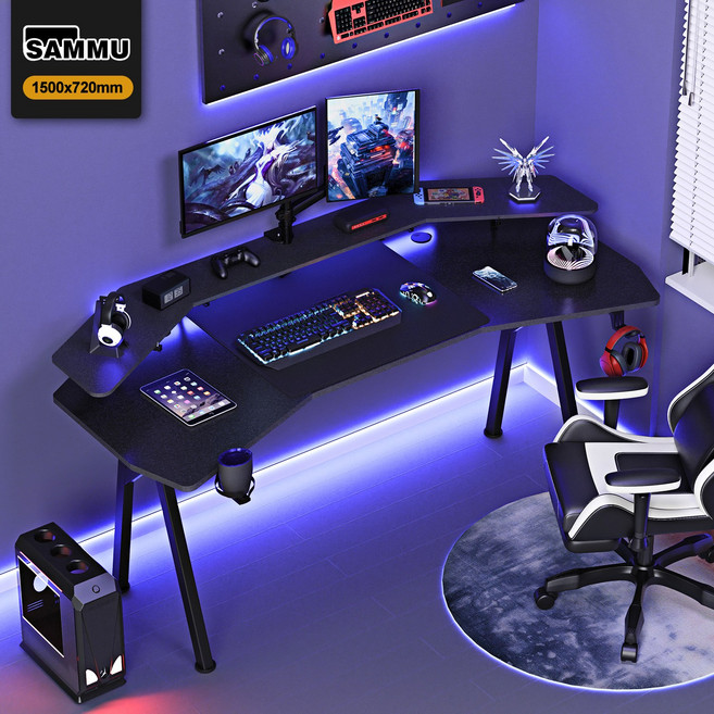SAMMU 날개형 컴퓨터 이중 레이어 게임 다기능 스트리머 학습 사무용 책상 카본 섬유 책상 1500*720, 검은색