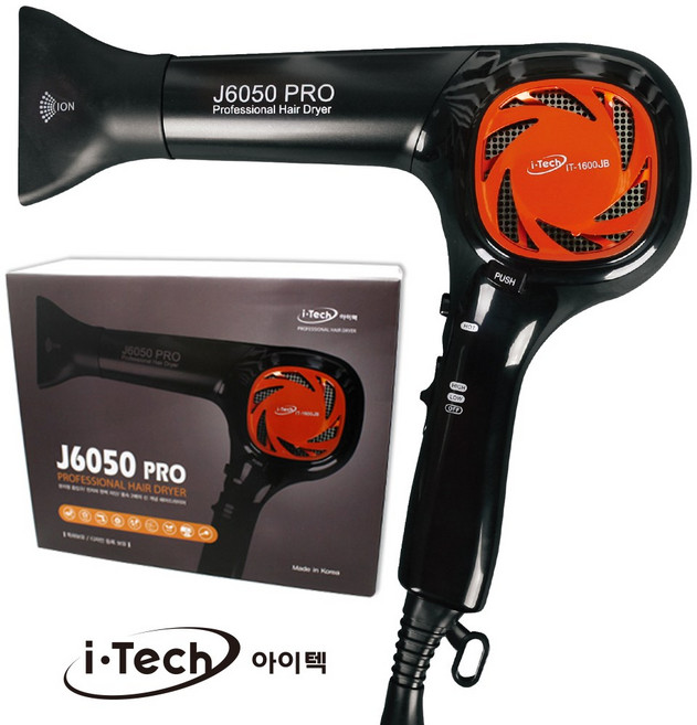 아이텍 이온 헤어 드라이어 J6050 PRO 1400W 드라이기 헤어드라이기, 블랙