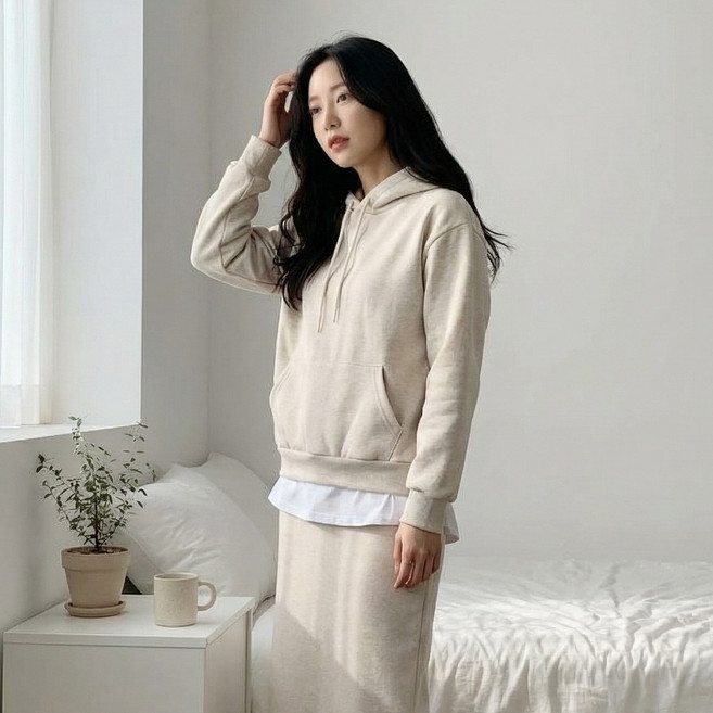 상상그이상 여성용 국내제작 기모 후드 스커트 트레이닝 세트 고급원단 가성비 좋은 레이어드 티셔츠 편안한 스커트 명절에 입기 좋은 페미닌한 날씬핏 가볍고 따뜻한 데일리 스타일
