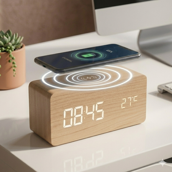 감성 디자인 무소음 디지털 led 알람 탁상시계, 우드