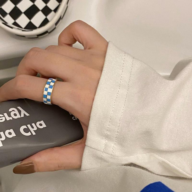 ZR145am 메탈 체커보드 오픈 반지 우정 사각 체크 바둑판 블랙 블루 검지 패션