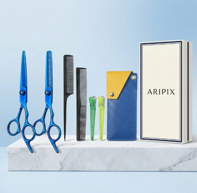 아리픽스 프리미엄 미용가위세트 셀프커트 숱가위 가정용 가죽케이스 빗 헤어집게, 1개, 블루 2종 플러스세트