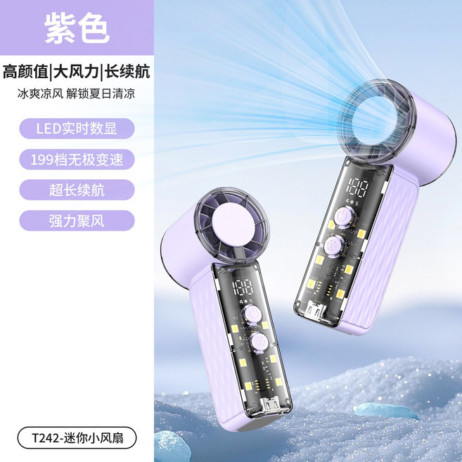 新款T242 高顏值高速手持迷你小風扇長續航戶外暴力渦輪風扇, 106*24*46, T242高顏值大風速-紫色
