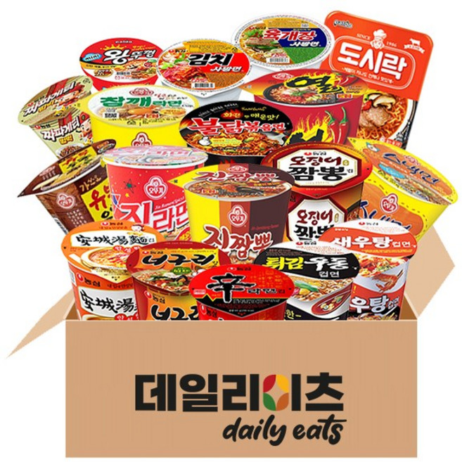 [데일리이츠] 농심 오뚜기 삼양 팔도 컵라면 18종 (진매+열+참깨+스낵+진짬뽕+유부우동+육사발+김치사발+신+짜파범벅+안성+너구리+오짬+새우+튀김 불닭+도시락+미니왕), 3세트