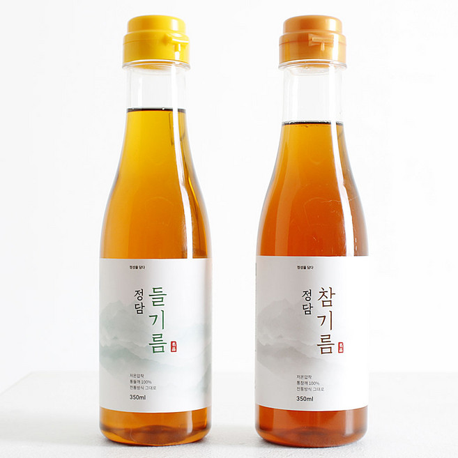 정담 (1회착유 벤조피렌 0%) 저온압착 참기름 들기름 세트 350ml x 2종 100% 통참깨 명절 선물 답례품, 2개