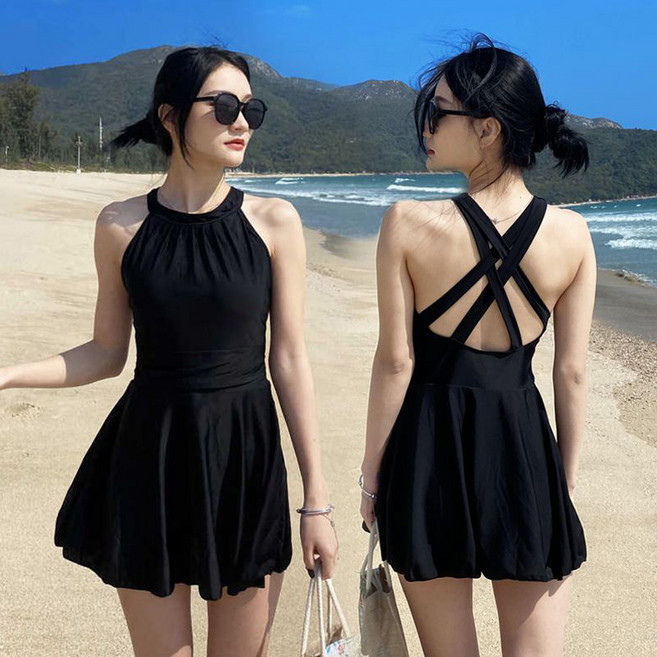 AOKADA 여성 모노키니 원피스 스윔 수영장 온천 휴양지 체형커버 비치 수영복, 블랙