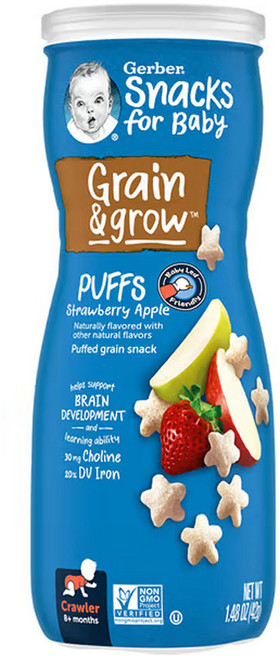 거버 아기용 간식 곡물 및 성장 퍼프 곡물 간식 8개월 이상 1.48온스, 42g, 1개, 딸기 사과