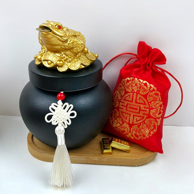 삼족두꺼비 풍수 재물 복주머니 현관 소금단지 항아리 집들이 골드바, 흑색소금단지세트