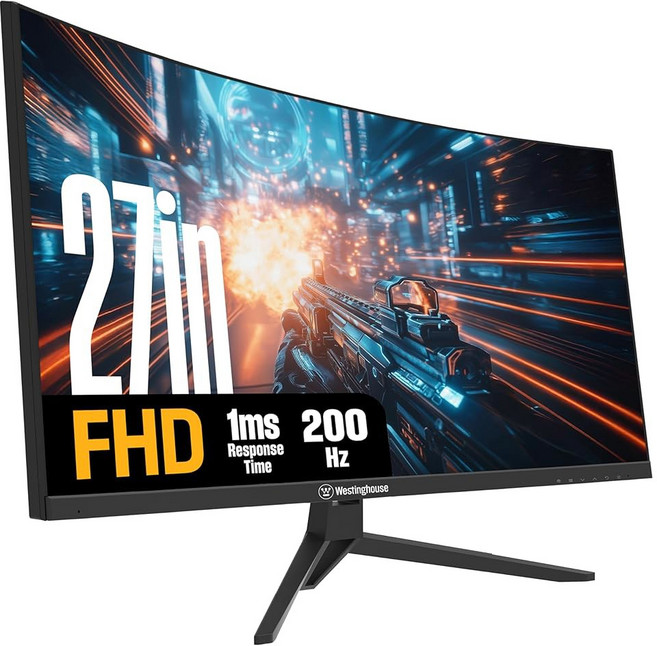 웨스팅하우스 27인치 커브드 풀 HD 화이트 게이밍 모니터 200Hz AMD 프리싱크 지원 로우 블러 1500R 커브 1920 x 1080 스피커 디스플레이포트 2배 가 내장된, 27 Inch Bla