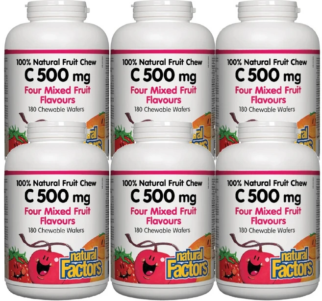 [네추럴팩터스]100%천연 씹어먹는 비타민C 4가지 과일맛 180츄어블정(6통 18개월분), 6개, 180정 - 쿠팡