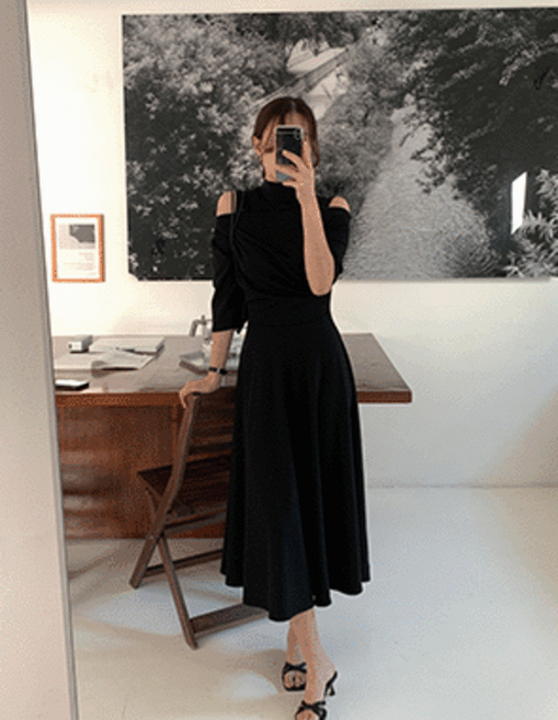 웨이닝 반폴라 레이어드 니트 플레어 7부 원피스 /a라인원피스 하객룩 데이트룩 오프숄더 레이어드원피스