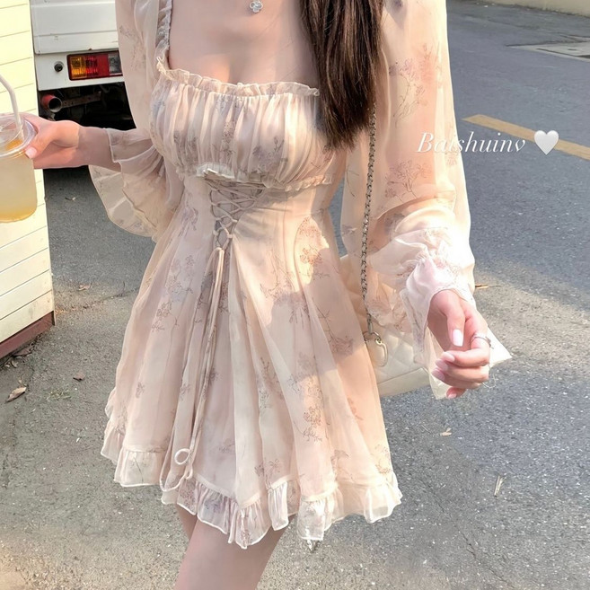 프렌치 여성 여름 긴팔 원피스 슬림핏 스퀘어넥 쉬폰 원피스 캐주얼 날씬해 보이는 치마 ZZQ