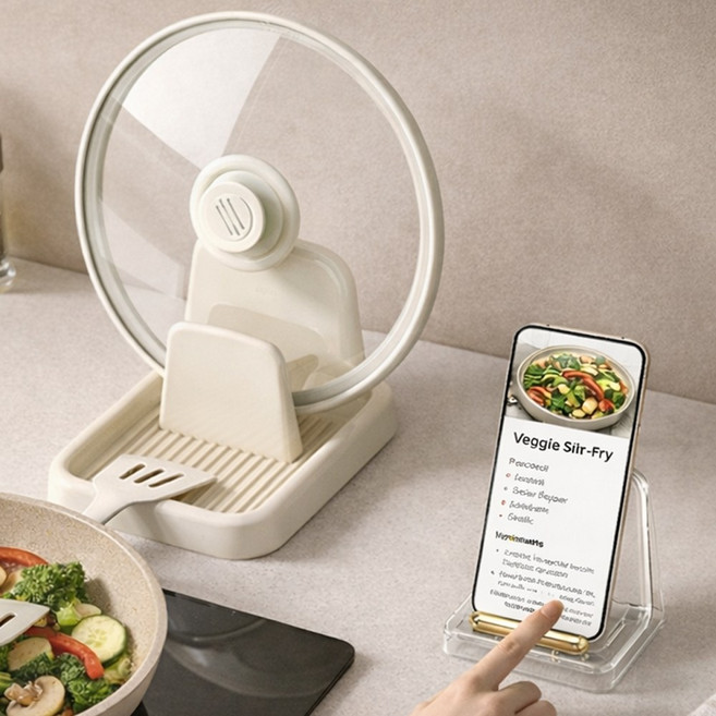 앙플러스 프리미엄 3in1 냄비뚜껑 거치대 조리도구 받침대 정리함 정리대, 1개, 베이지