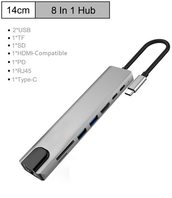 USB C 도킹 스테이션 허브 C타입 썬더볼트 3 에서 4K UHD TFSD 카드 리더기 USB 2.0 100M RJ45 이더넷 PD 충전 스플리터 8 인 1, 8 in 1 Hub, 1) 8 in 1 Hub, 1개