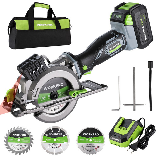 WORKPRO 20V 무선 미니 원형 톱 4500RPM 충전식 절단기 전기톱 목공용 블레이드 115MM 호환, 1세트