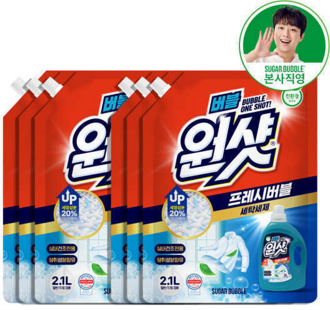 슈가버블 버블원샷 프레시버블 실내건조 액체 세탁세제 리필, 6개, 2.1L