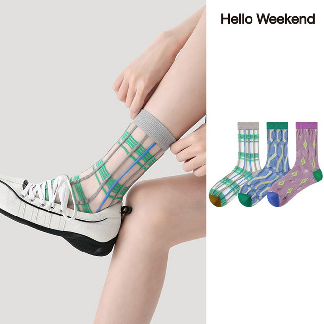 Hello Weekend 여성 스트라이프 봄여름 양말 장목 양말 중장 운동 압박 면 양말 3족 세트
