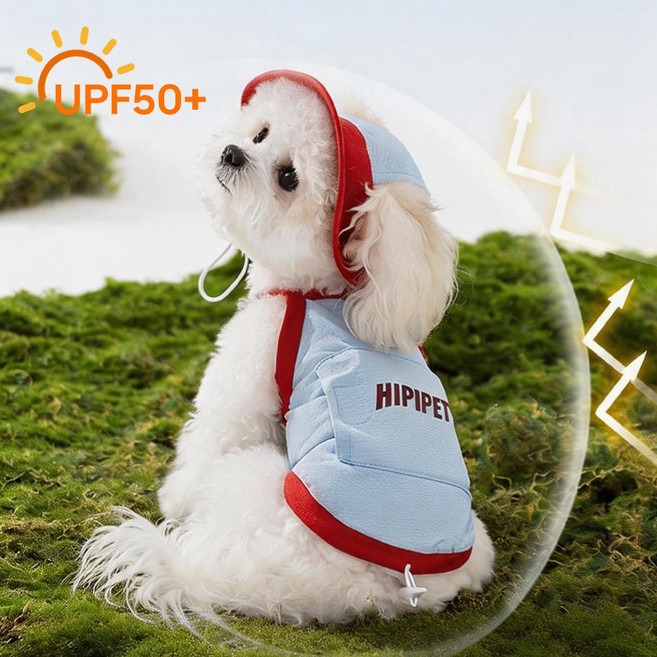 Jeernare 자외선 차단 강아지 여름옷 시원한 강아지 하네스옷 여름 통기 얇은 강아지옷 아이스팩 모자증여, 1개, 불루