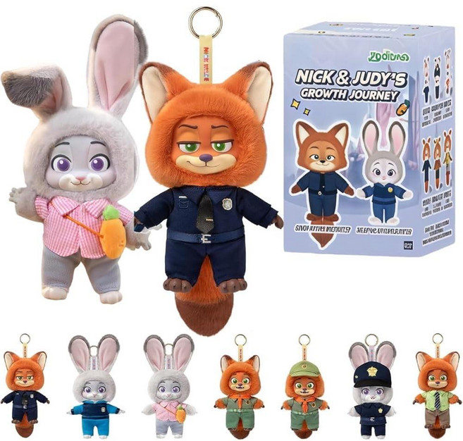 MINISO Zootopia 주디 닉 프레텐더 시리즈 블라인드 박스 키체인 귀여운 장식 장식 진심 어린 선물 생일 선물(랜덤 1개), Nick and Judy's Growth Journey